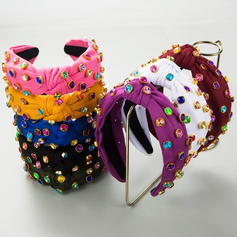 Vintage Geknoopte Stof Hoofdband Met Gekleurde Glas Strass Barok Mode Gevoerde Haarklem Voor Vrouwen Feest Accessoire