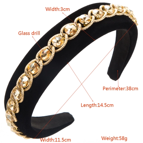 Lussuoso Cerchietto in Velluto Imbottito per Donna Vintage Barocco Strass Catena in Metallo Elegante Accessori per Capelli Festa