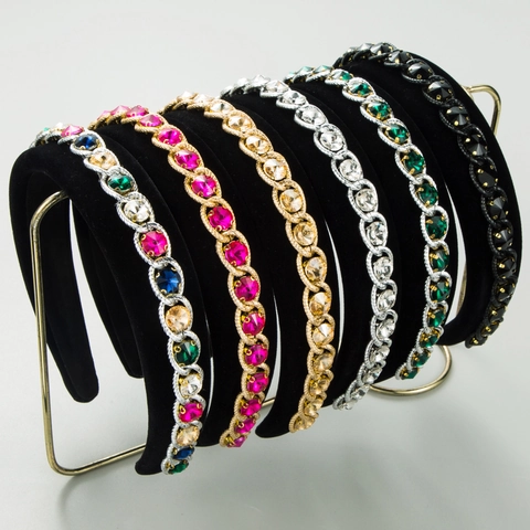 Lussuoso Cerchietto in Velluto Imbottito per Donna Vintage Barocco Strass Catena in Metallo Elegante Accessori per Capelli Festa