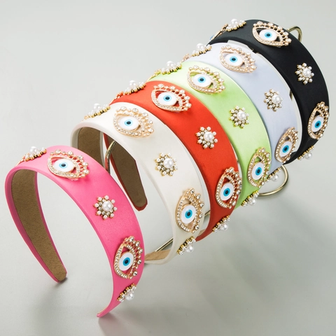 Women Baroque Padded Headband Satin Fabric Evil Eye Artificial Pearl Rhinestone Decorated Fashion Hair Accessory Vintage Hair Hoop