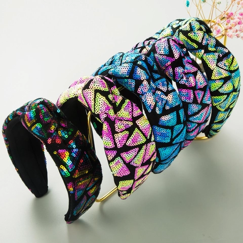 Women Knotted Sequin Wide Headband Sparkly Geometric Triangle Pattern Hair Accessory For Party Festive Glamour Headpiece