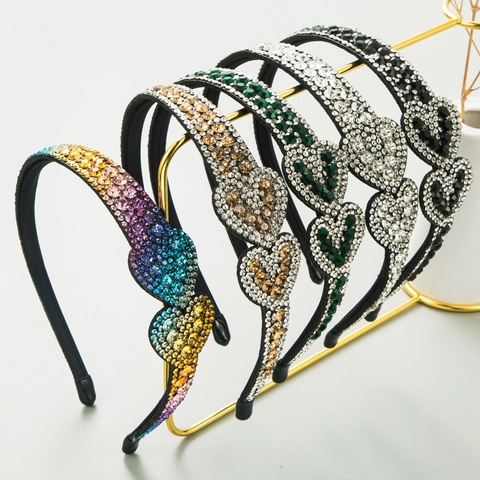 Fashion Rhinestone Heart Headband Alloy Cloth Double Heart Hair Band For Women Baroque Shiny Wedding Party Hair Accessories