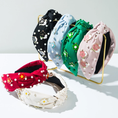 Diadema Anudada Ancha de Tela para Mujer Con Perla Artificial Strass Aleación Esmalte Flor Accesorios de Moda