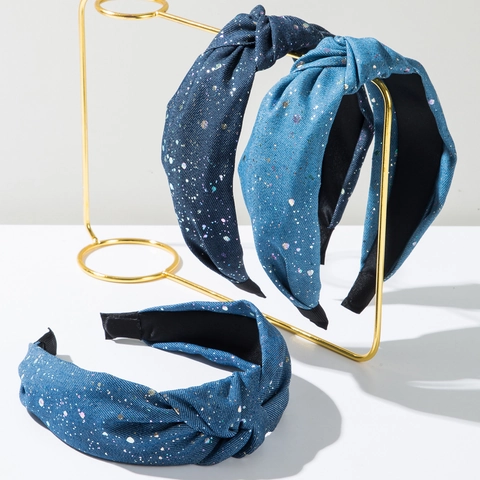 Dames Vintage Denim Geknoopte Haarband Kleurrijk Glanzend Stippen Pailletten Brede Stof Haarband Mode Elegant Dagelijks Hoofdband