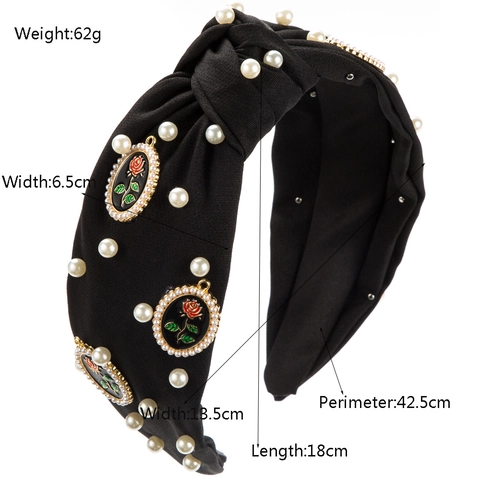 Vintage Women Knotted Fabric Headband With Alloy Rose Enamel Charm And Artificial Pearl Rhinestone Retro Hair Accessories