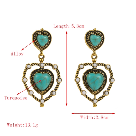 Bohemian Vintage Alloy Earrings For Women Retro Ethnic Turquoise Resin Inlaid Heart Teardrop Dangle Earrings Fashion Jewelry