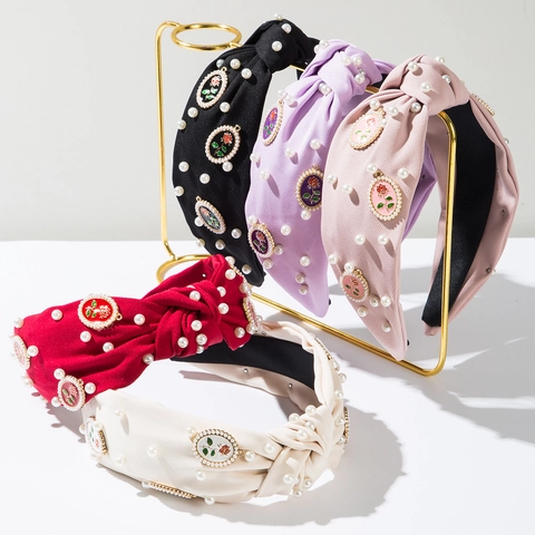 Vintage Women Knotted Fabric Headband With Alloy Rose Enamel Charm And Artificial Pearl Rhinestone Retro Hair Accessories