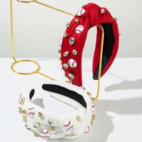 Cerchietto Annodato in Tessuto Sportivo Decorazione Baseball in Resina Strass Fascia Elastica Accessori per Capelli Moda