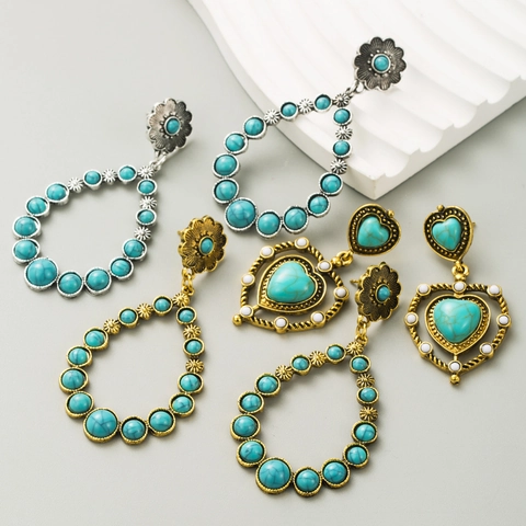 Bohemian Vintage Alloy Earrings For Women Retro Ethnic Turquoise Resin Inlaid Heart Teardrop Dangle Earrings Fashion Jewelry