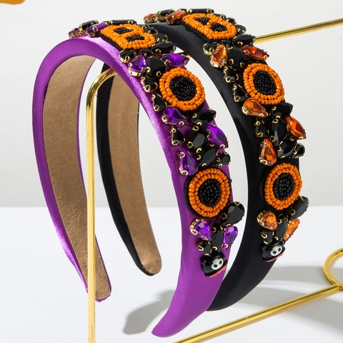 Halloween BOO Ghost Beaded Padded Headband For Women Alloy Rhinestone Orange Black Purple Fancy Dress Costume Party Hair Accessories
