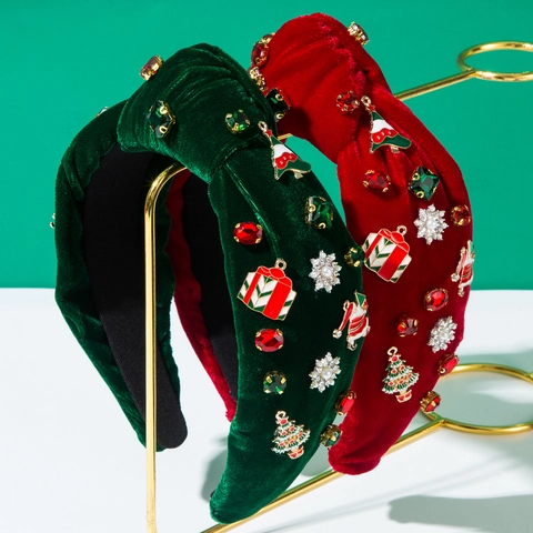 Cerchietto di Velluto Natalizio Con Ciondolo a Forma di Albero di Natale e Corna di Renna in Strass Perla Artificiale Accessorio Capelli