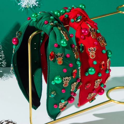 Diadema Acolchada con Nudo de Navidad para Mujer Dijes de Reno Diamantes de Imitación Perla Artificial Accesorios para el Cabello de Moda para Fiesta