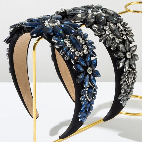 Baroque Vintage Crystal Flower Padded Headband For Women Luxurious Satin Rhinestone Hair Band Elegant Banquet Hair Accessories