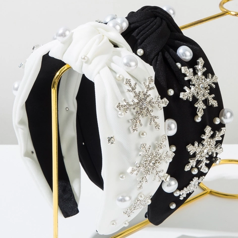 Diadema Anudada con Copo de Nieve de Navidad para Mujer Lujo Diamantes de Imitación Perla Artificial Banda para el Cabello de Tela Ancha Accesorios Fiesta