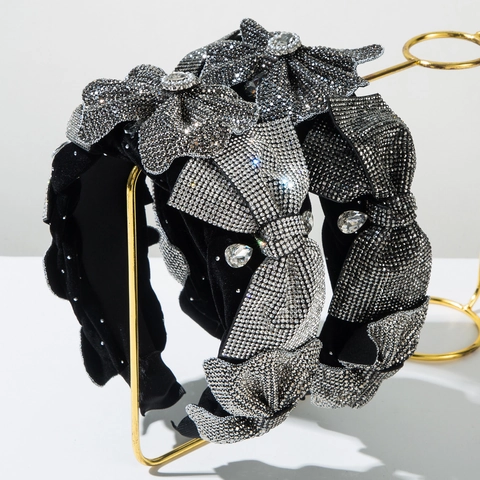 Diadema de Terciopelo de Lujo con Lazo y Strass Diadema Ancha Acolchada de Cristal para Mujer Boda Fiesta Joyería Elegante
