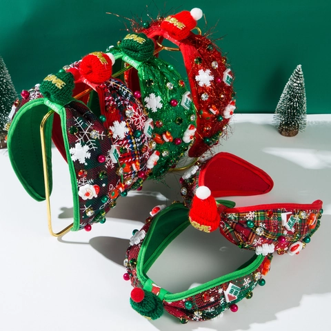 Élégant Serre-Tête de Noël à Carreaux Avec Décorations de Père Noël Flocons de Neige Strass Embelli Accessoire de Cheveux Festif pour Femme Fête Décor de Vacances