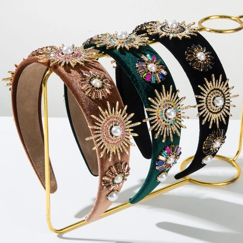Cerchietto Largo in Velluto Barocco Con Strass Colorati Lega Girasole Perla Artificial Vintage Lussuosa Fascia per Capelli per Donna Festa