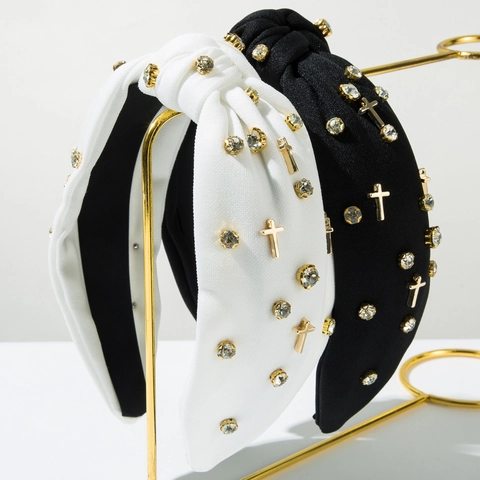 Cerchietto Largo Annodato In Tessuto Con Ciondoli A Croce In Lega E Strass Elegante Accessorio Per Capelli Donna Vintage