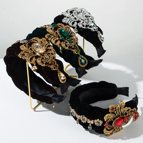 Cerchietto a Treccia in Velluto Barocco Con Fiore di Strass Catena a Nappa per Donna Banchetto Festa Accessori Capelli Vintage