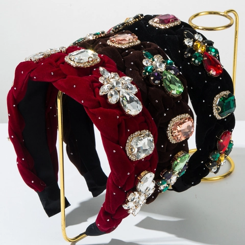 Cerchietto Barocco Imbottito in Velluto Intrecciato di Lusso Con Strass Colorati Cerchio per Capelli per Donna Festa Matrimonio