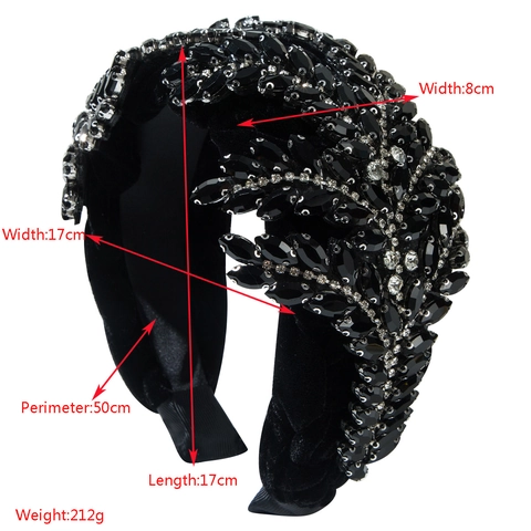 Diadema Acolchada de Terciopelo Negro de Lujo para Mujer Diseño de Hojas Strass Incrustado Banda Ancha para Pelo Fiesta Gala