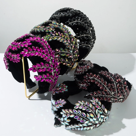 Diadema Acolchada de Terciopelo Negro de Lujo para Mujer Diseño de Hojas Strass Incrustado Banda Ancha para Pelo Fiesta Gala
