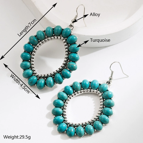 Vintage Bohemian Alloy Turquoise Drop Earrings For Women Geometric Leopard Print Flower Oval Dangle Earrings Jewelry
