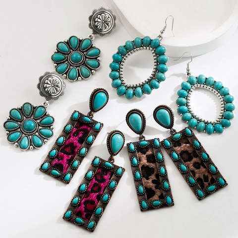 Vintage Bohemian Alloy Turquoise Drop Earrings For Women Geometric Leopard Print Flower Oval Dangle Earrings Jewelry