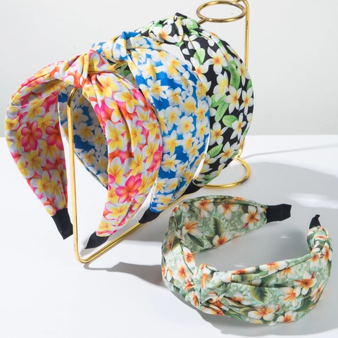 Bohemian Verknotetes Breites Stirnband Für Damen Tropisches Plumeria Blumendruck Stoff Haarband Vintage Retro Stil Haarschmuck