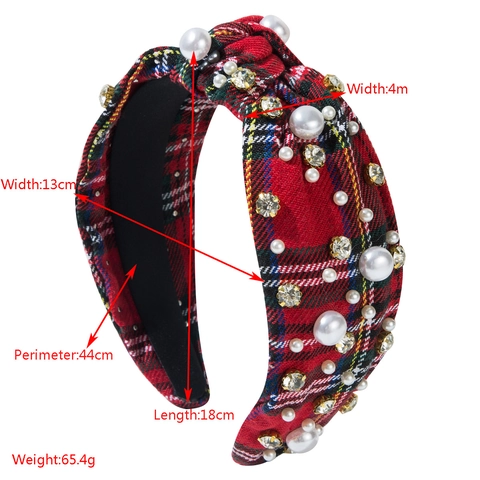 Cerchietto Annodato in Tessuto Scozzese Vintage Donna con Perle Artificiali e Strass Fascia Larga Accessori per Capelli Moda