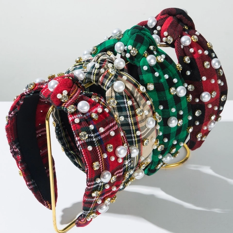 Cerchietto Annodato in Tessuto Scozzese Vintage Donna con Perle Artificiali e Strass Fascia Larga Accessori per Capelli Moda