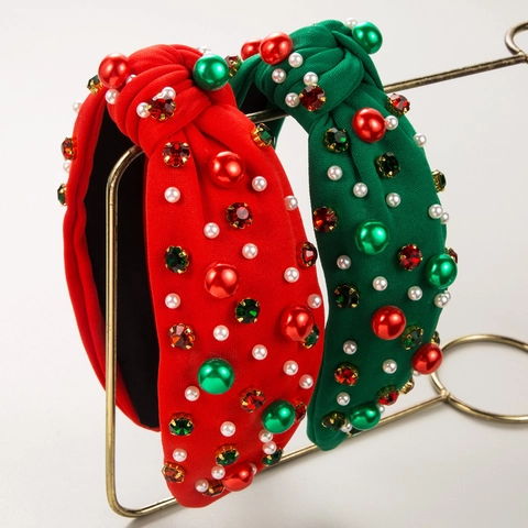 Christmas Knotted Headband Artificial Pearl Rhinestone Fabric Festive Red Green Women Holiday Party Hair Accessories