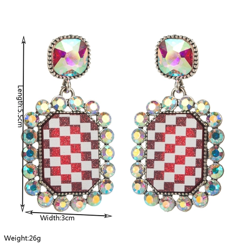 Vintage Legierung Schachbrett Ohrringe Mit Strass-Rand Geometrische Quadratische Hänger Ohrringe Für Damen Modeschmuck