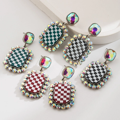 Vintage Legierung Schachbrett Ohrringe Mit Strass-Rand Geometrische Quadratische Hänger Ohrringe Für Damen Modeschmuck