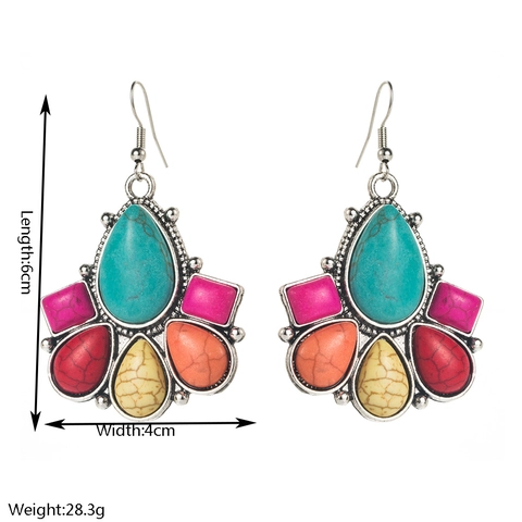 Vintage Bohemian Ethnic Dangle Earrings For Women Alloy Synthetic Turquoise Rhinestone Colorful Geometric Drop Jewelry