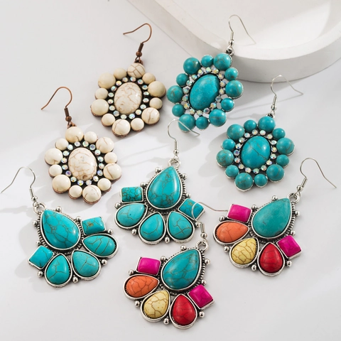 Vintage Bohemian Ethnic Dangle Earrings For Women Alloy Synthetic Turquoise Rhinestone Colorful Geometric Drop Jewelry