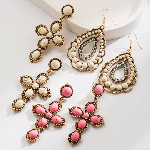 Vintage Boho Legering Kruis Hangende Oorbellen Met Imitatie Turkoois Inleg Retro Goud Etnische Geometrische Oorbellen