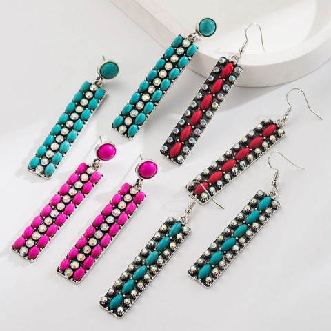 Pendientes Largos de Aleación de Turquesa Bohemios Vintage Rectangulares Con Strass Estilo Étnico Para Mujer Joyería