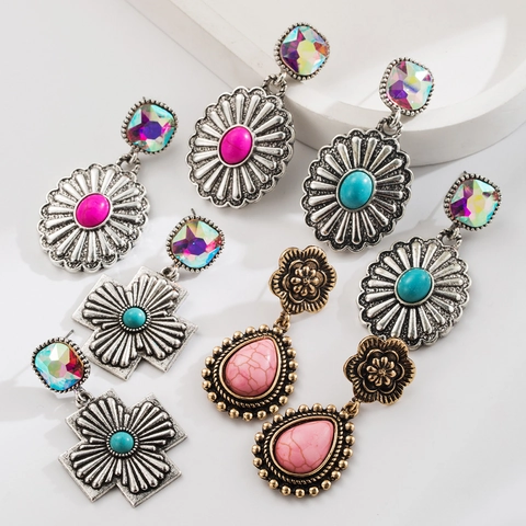 Bohemian Alloy Turquoise Drop Earrings With Stainless Steel Earring Post Vintage Western Cross Sunflower Jewelry For Women