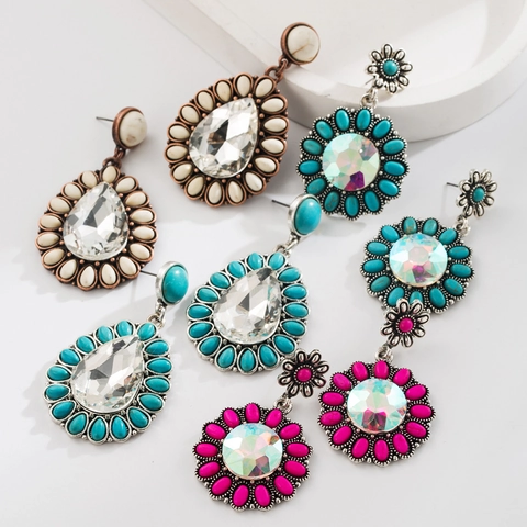 Vintage Bohemian Etnische Legering Hangende Oorbellen Turkoois Ingelegd Groot Glas Diamant Zonnebloem Druppel Vrouwen