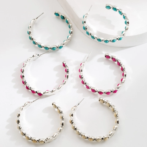 Orecchini a Cerchio in Lega Vintage Turchese Per Donna Texture Martellata Boho Gioielli Geometrici a Forma di C Accessorio