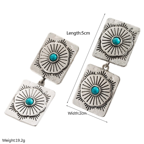Böhmische Retro Türkis Legierung Ohrringe Für Damen Altsilber Eingelegte Kunststein Wassertropfen Herz Quadrat Ethnisch Schmuck