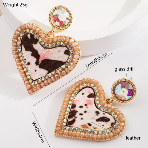 Boucles d'Oreilles Cœur en Alliage Vintage Imprimé Animal Léopard Vache Similicuir Strass Perles Boucles d'Oreilles Femme Bijoux