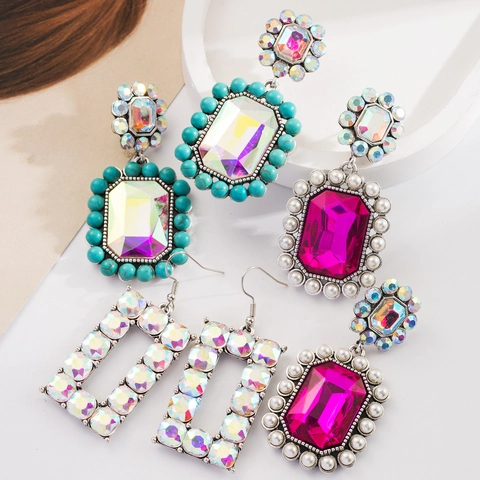 Boucles d'Oreilles Pendantes Bohème en Alliage avec Strass pour Femmes Western Vintage Turquoise Perle Artificielle Bijoux