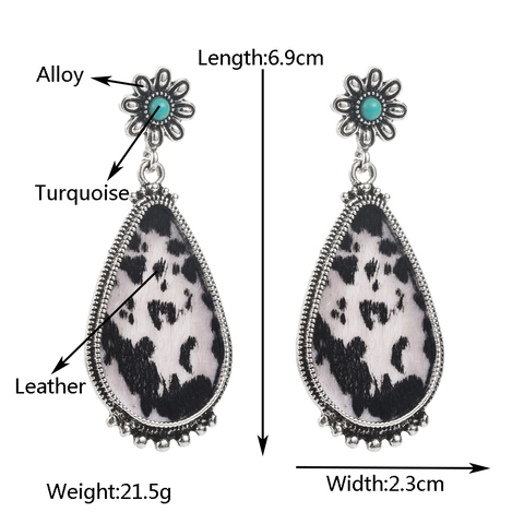 Vintage Boho Turquoise Alloy Drop Earrings Cow Print Leather Beaded Oversized Earrings For Women Western Ethnic Jewelry