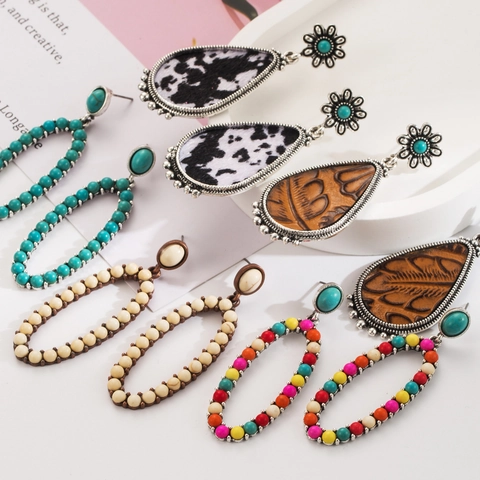 Vintage Boho Turquoise Alloy Drop Earrings Cow Print Leather Beaded Oversized Earrings For Women Western Ethnic Jewelry