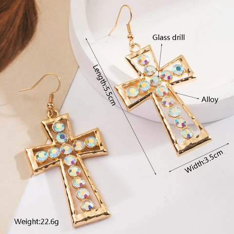 Pendientes Largos de Cruz de Aleación Vintage con Poste de Acero Inoxidable Brillantes Pendientes de Crucifijo Religioso para Mujer Joyería de Fiesta