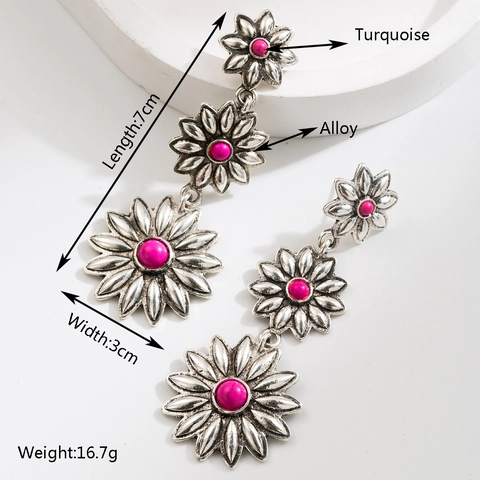 Vintage Bohemian Flower Drop Earrings Antique Silver Alloy Turquoise Geometric Fan Tassel Dangle Earrings For Women Jewelry