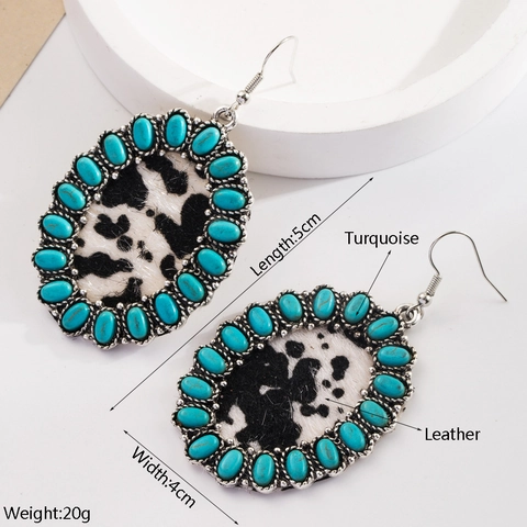 Vintage Bohemian Geometric Artificial Turquoise Drop Earrings For Women Retro Silver Alloy Leather Cow Pattern Inlaid Ethnic Jewelry