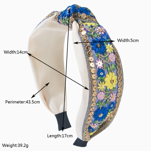 Serre-tête Noué à Fleurs Brodées Bohème pour Femmes Serre-tête en Tissu Large Vintage avec Paillettes et Maille